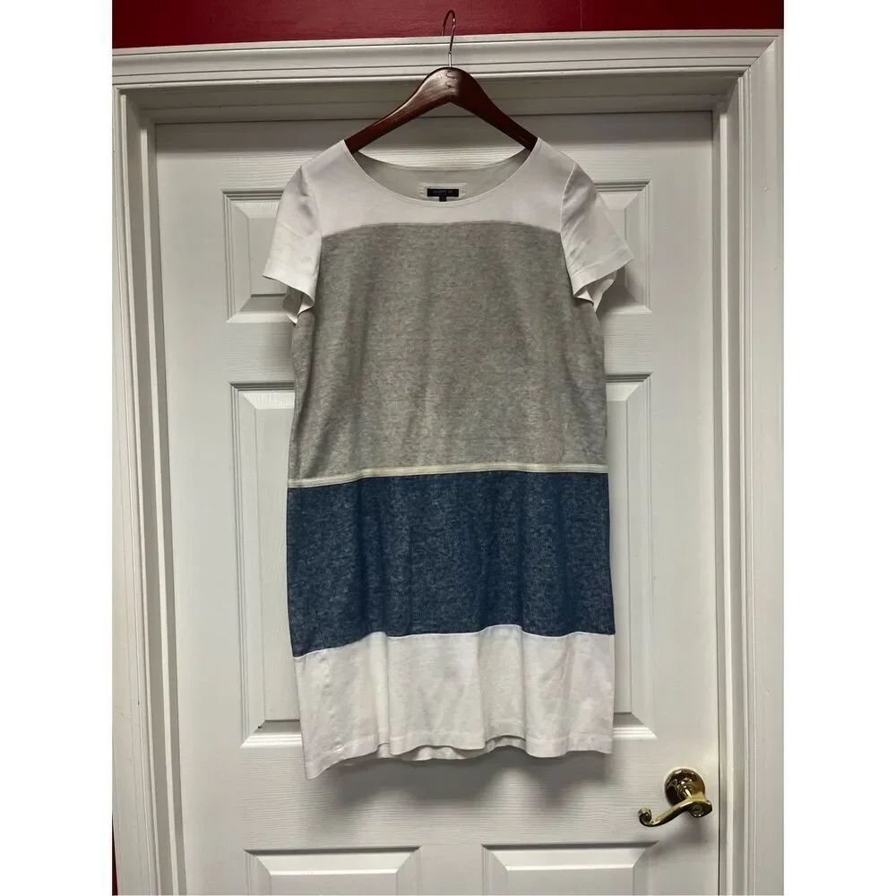 Lafayette 148 New York Blue & Gray Color Block Short Sleeve Knit Dress with Pick